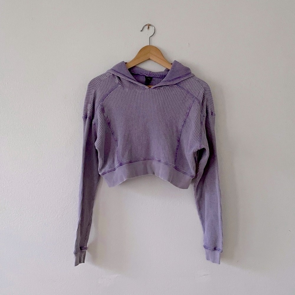 Wild Fable Washed Look Waffle Hoodie Purple Crop Thermal Top Coastal Beach